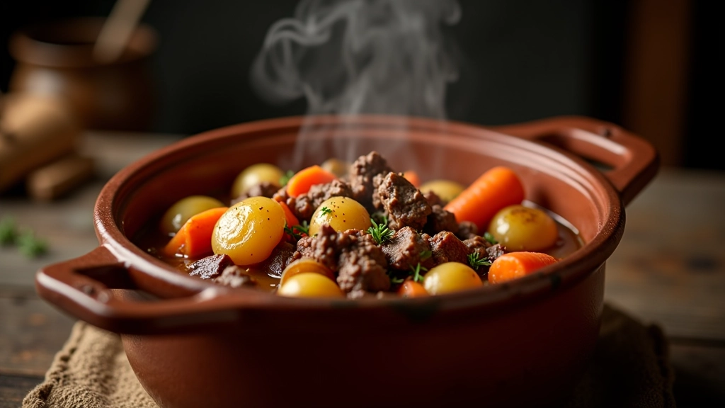 Panela de barro com caldo de carne com batatas, cenoura e carne, colher tradicional, fogão rústico ao fundo