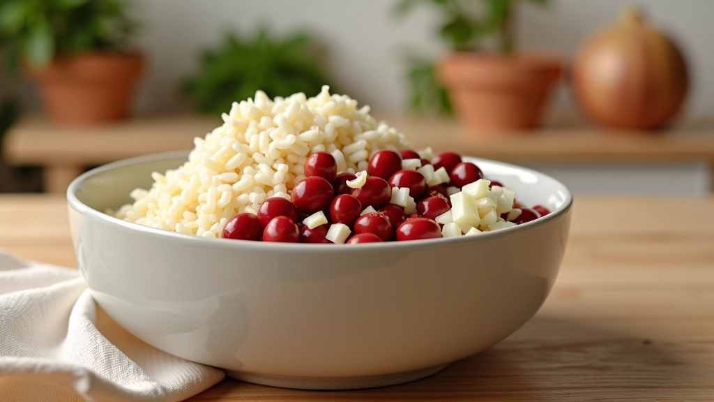 Tigela de arroz branco com feijão vermelho, alho picado e cebola numa mesa de cozinha de madeira clara