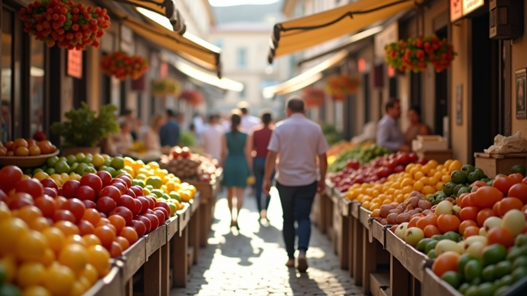 Mercado tradicional português repleto de pessoas a comprar, com cores vibrantes de frutas e legumes expostos
