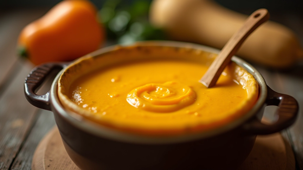 Panela com sopa de abóbora cremosa, colher de madeira dentro, bancada de cozinha desfocada ao fundo