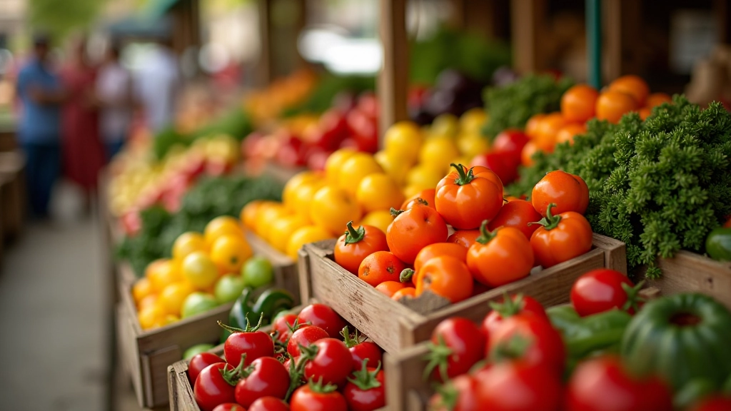 Produtos frescos do mercado português, variedade de frutas e legumes coloridos em cestos de vime