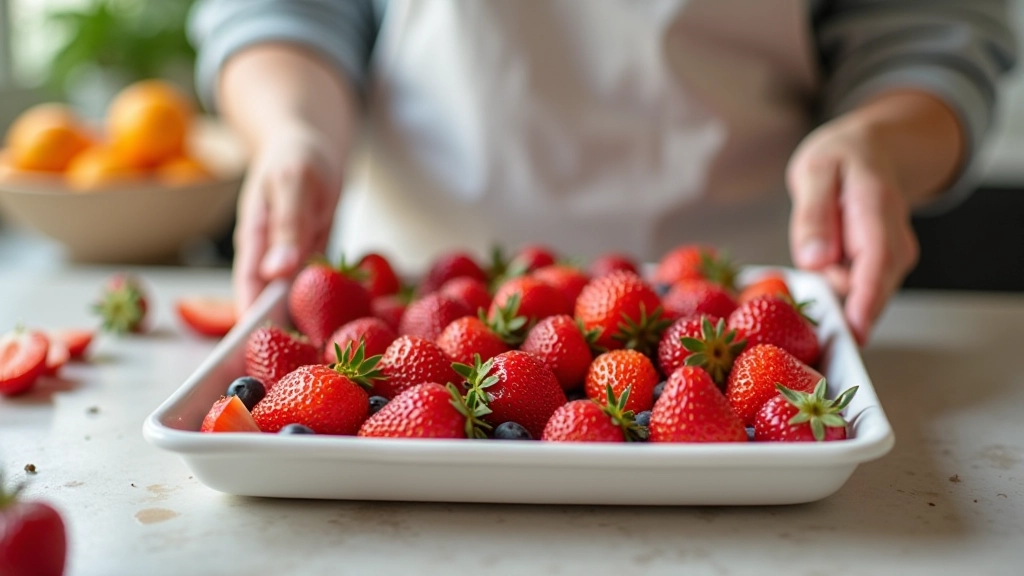 Tabuleiro de congelação com morangos e frutos vermelhos, preparação de congelação caseira, cozinha portuguesa limpa