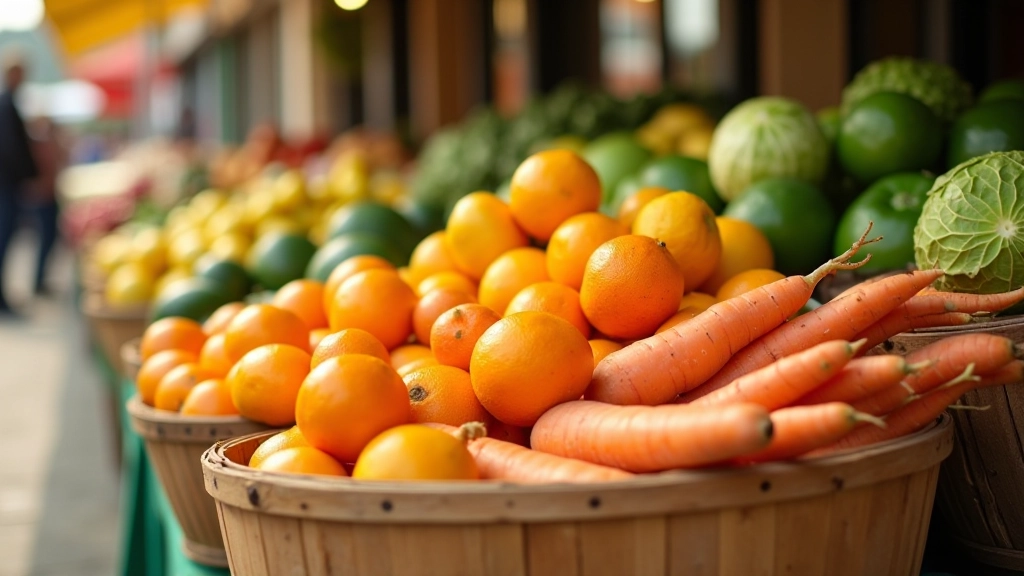Variedade de frutas e legumes frescos do mercado português, laranjas, couves e cenouras em cesto de madeira