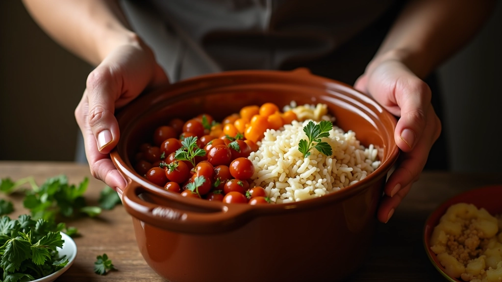 Mãos a preparar uma refeição simples com arroz, feijão e legumes cozidos numa panela de barro tradicional