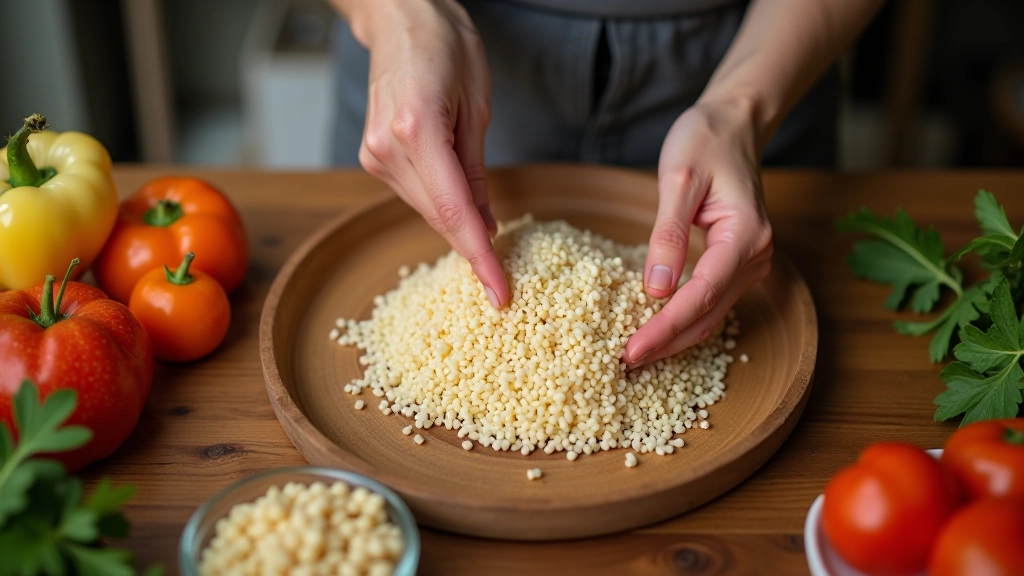 Mãos a preparar ingredientes numa cozinha simples, arroz, feijão e legumes em mesas de trabalho de madeira
