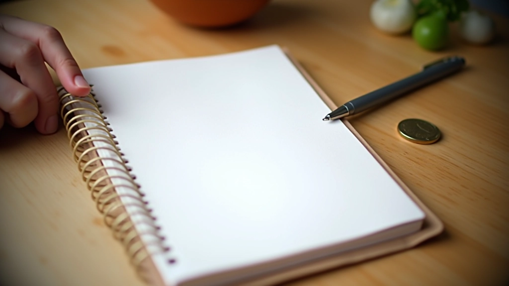 Caderno aberto com lista de compras manuscrita junto a uma caneta e moedas de euro numa mesa de madeira clara