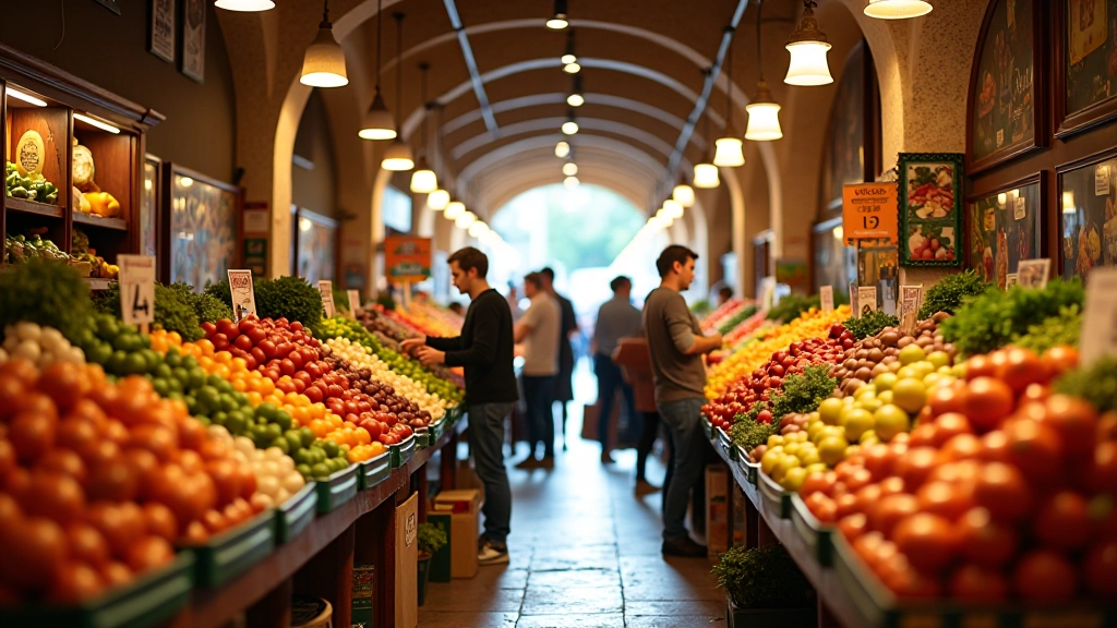 Interior de um mercado tradicional português com bancadas de frutas e legumes, vendedores e clientes a escolher produtos