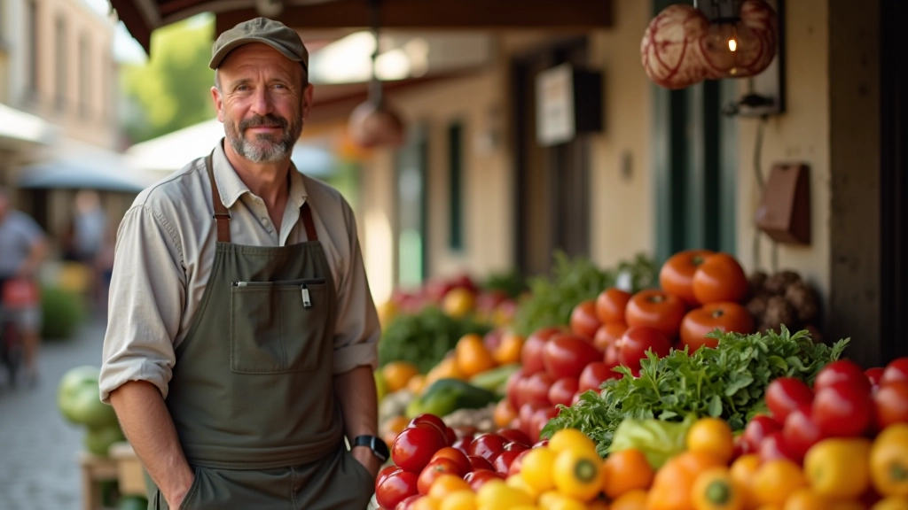 Vendedor num mercado tradicional português, vendendo frutas e legumes frescos numa manhã ensolarada