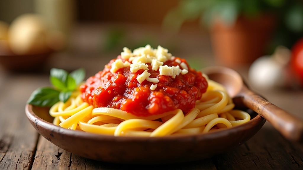 Prato de massa com molho de tomate vermelho vivo, alho fresco picado espalhado, colher de madeira, fundo desfocado de cozinha