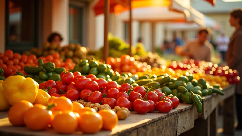 Mercado português com legumes e frutas sazonais coloridas