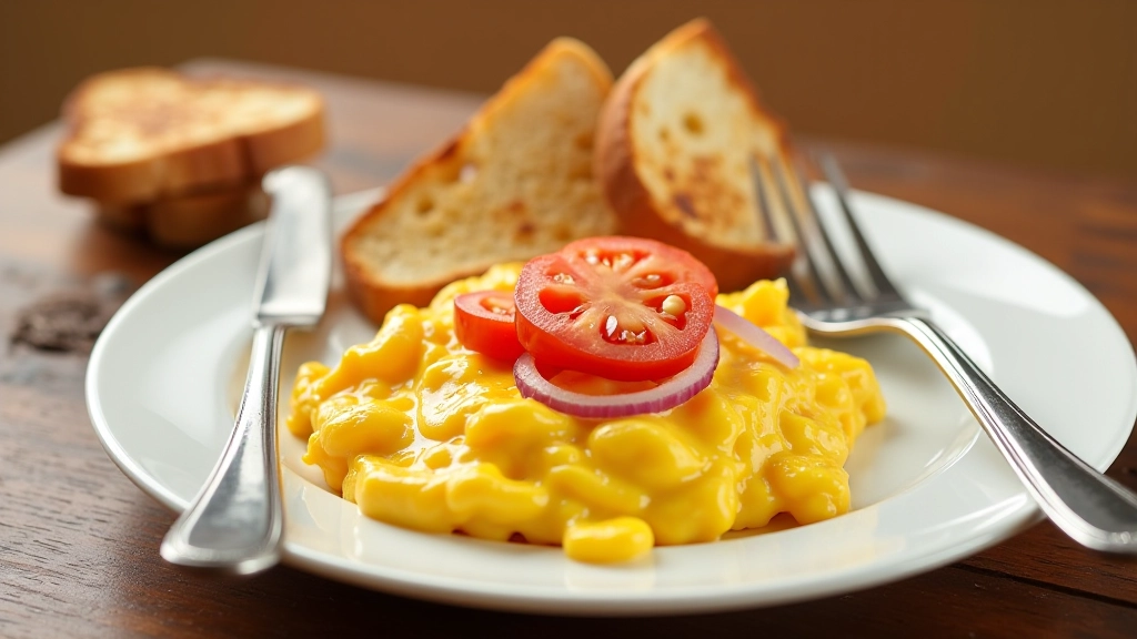 Prato com ovos mexidos com tomate, cebola e pão tostado ao lado, garfo de prata em cima