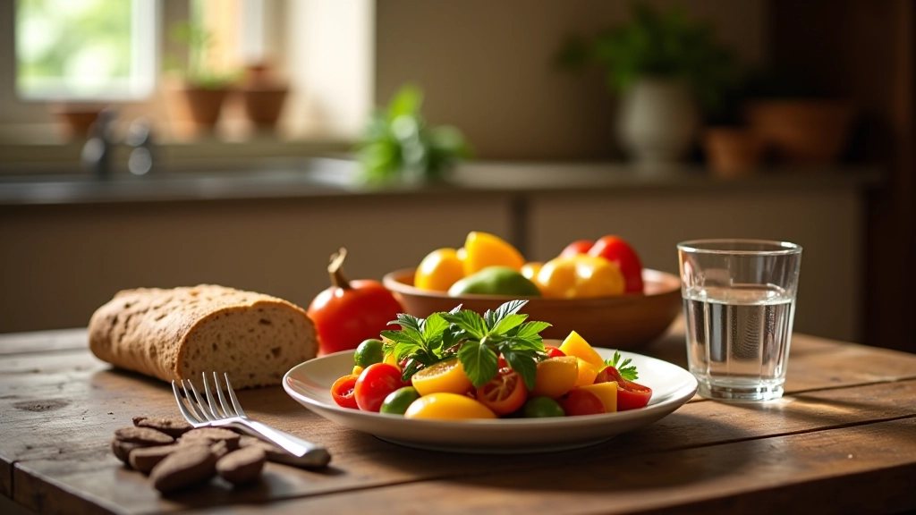 Prato tradicional português simples numa mesa rústica, com pão integral, legumes cozidos e um copo de água