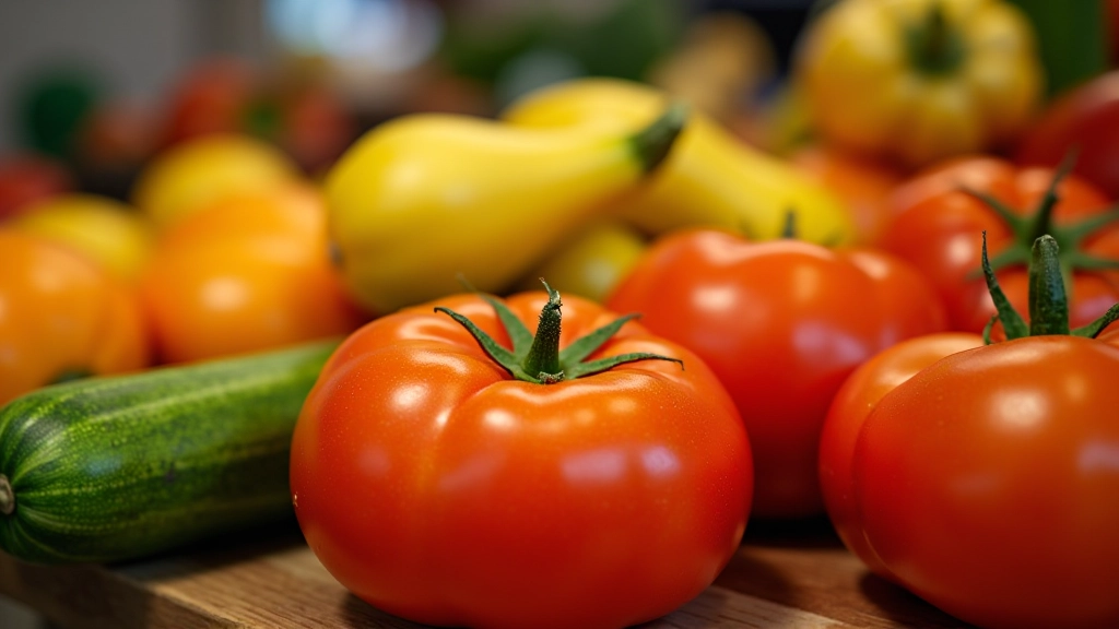 Variedade de vegetais de verão em mercado português, tomates vermelhos maduros, abóboras, curgetes, iluminação natural clara