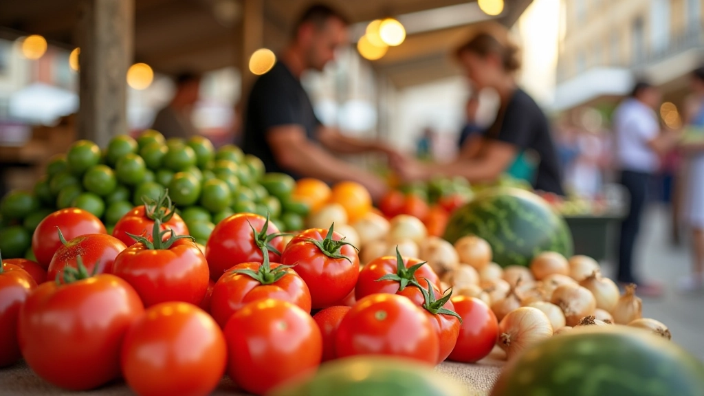 Bancada de mercado tradicional português com variedade de legumes, tomates, cebolas, melancia, vendedor ao fundo, manhã clara