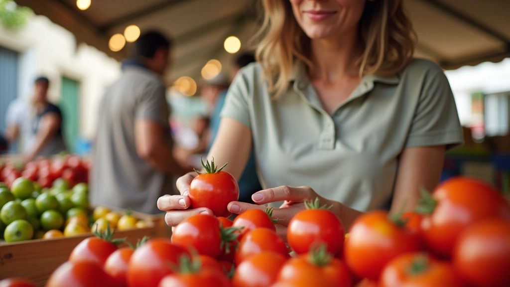 Mulher a examinar tomates num mercado, tocando nos produtos com cuidado para verificar a qualidade
