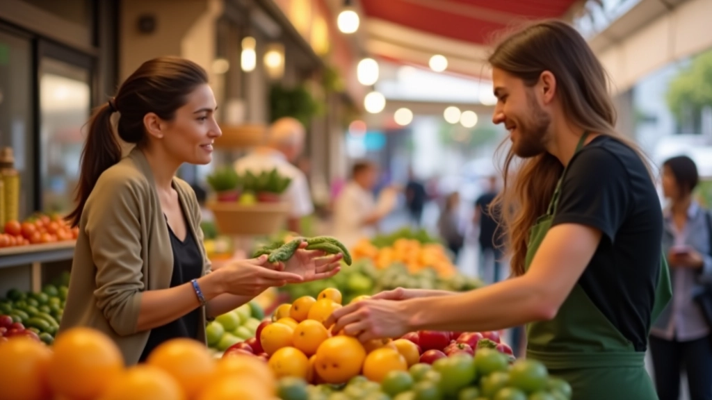 Mulher em mercado português negociando preço com vendedor, duas pessoas conversando junto a cesto de produtos frescos